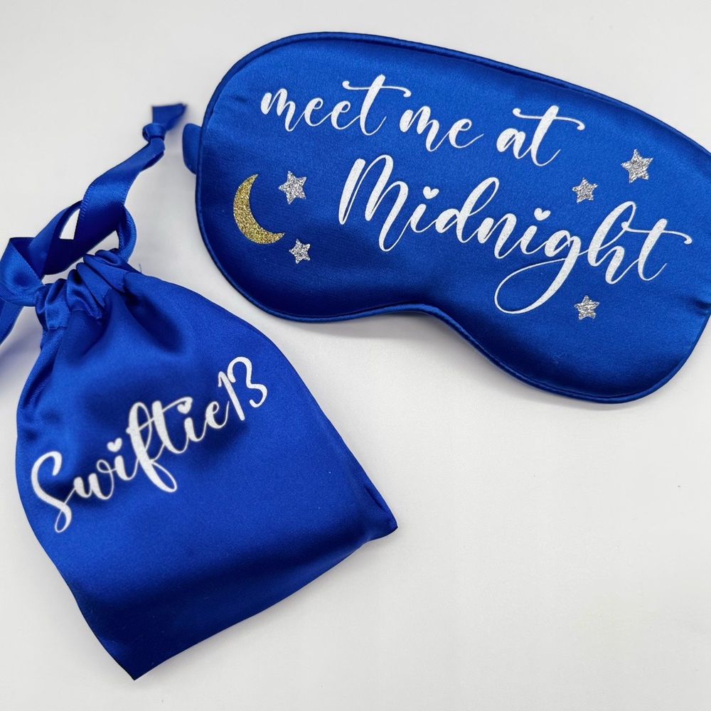 Meet me at Midnight satin sleep mask with personalized storage pouch